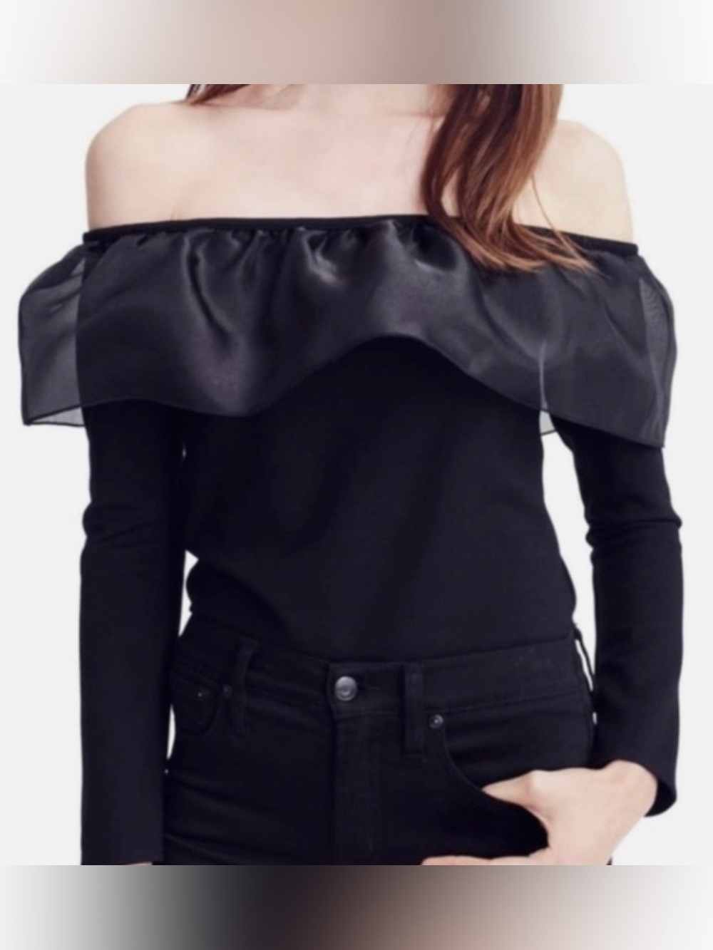 J Crew Shirt Organza Ruffle Neck Off Shoulder Black Glossy Flirty Women's Medium